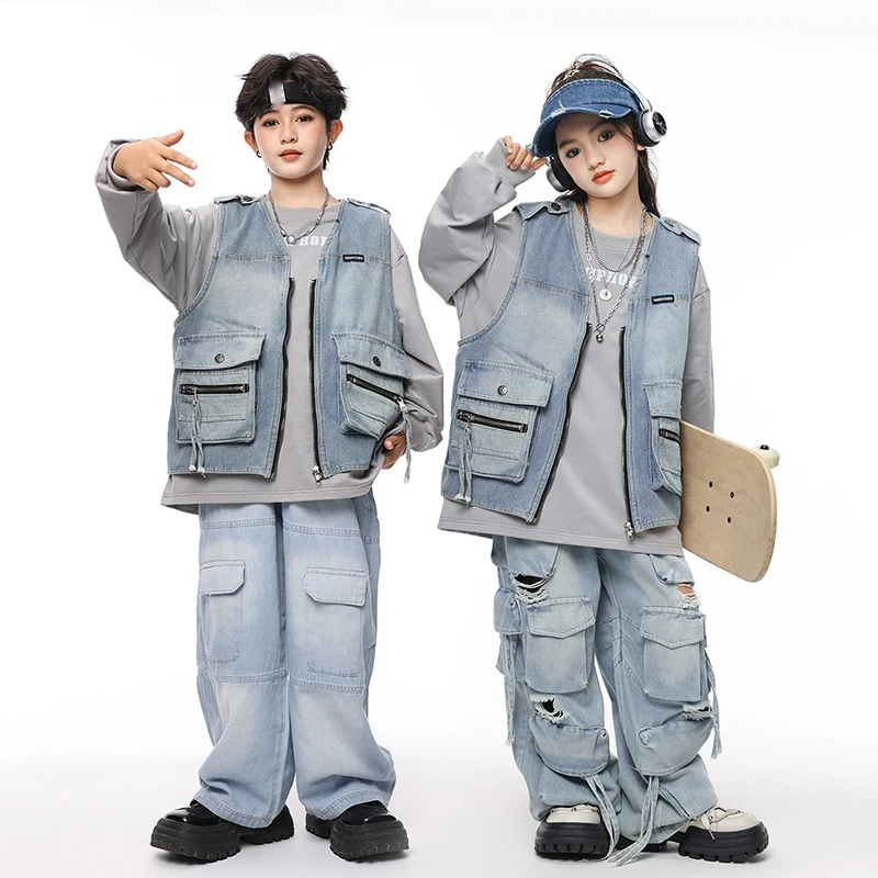 Ropa de baile callejero para niños y niñas, chaleco vaquero Retro suelto de Hip Hop, conjunto de ropa de escenario para actuaciones de Jazz, DQS17532