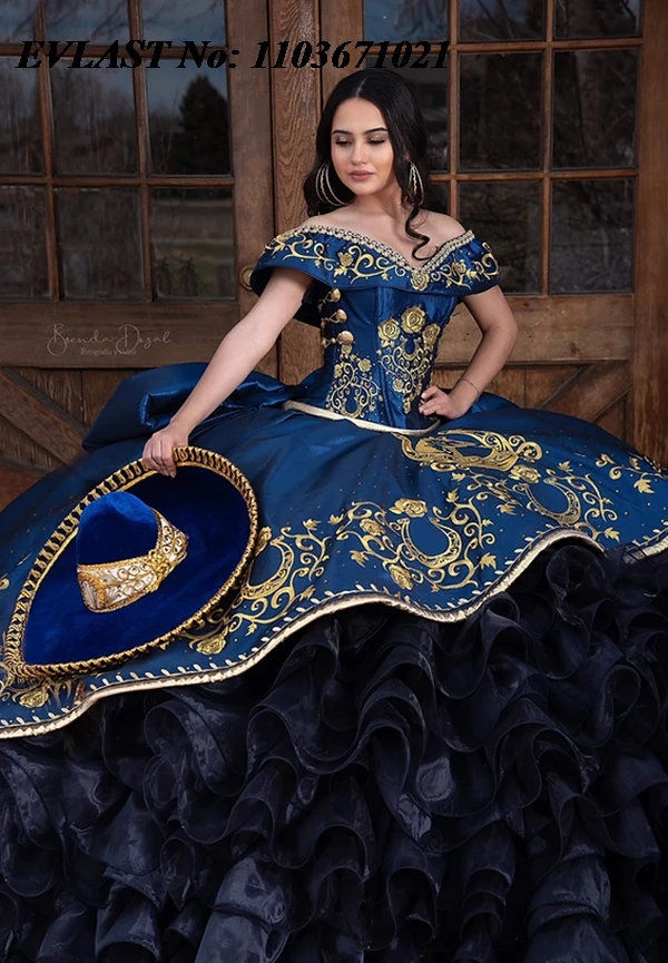 EVLAST Customized Charro Navy Blue Quinnceanera Dress Ball Gown Applique Beaded Ruffles Sweet 16 Vestidos De 15 Anos SQ515