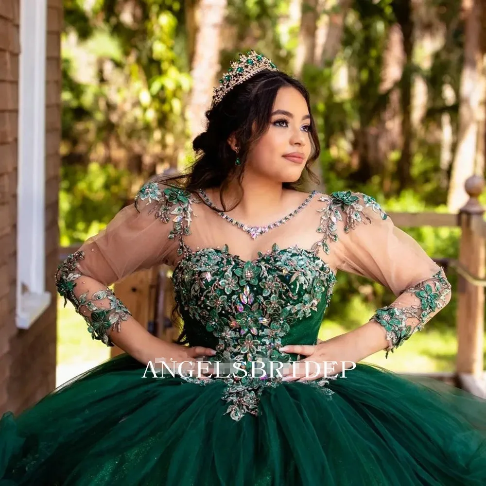 Angelsbridep มรกตสีเขียวแขนยาวคริสตัลชุดไปงานเต้นรำ Quinceanera ชุด3D ดอกไม้ Appliques เจ้าหญิงหวาน16 Vestidos De Xv