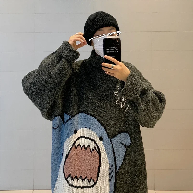 Men Turtlenecks Shark Sweater Men 2023 Winter Patchwor Harajuku Korean Style High Neck Oversized Grey Turtleneck For Men