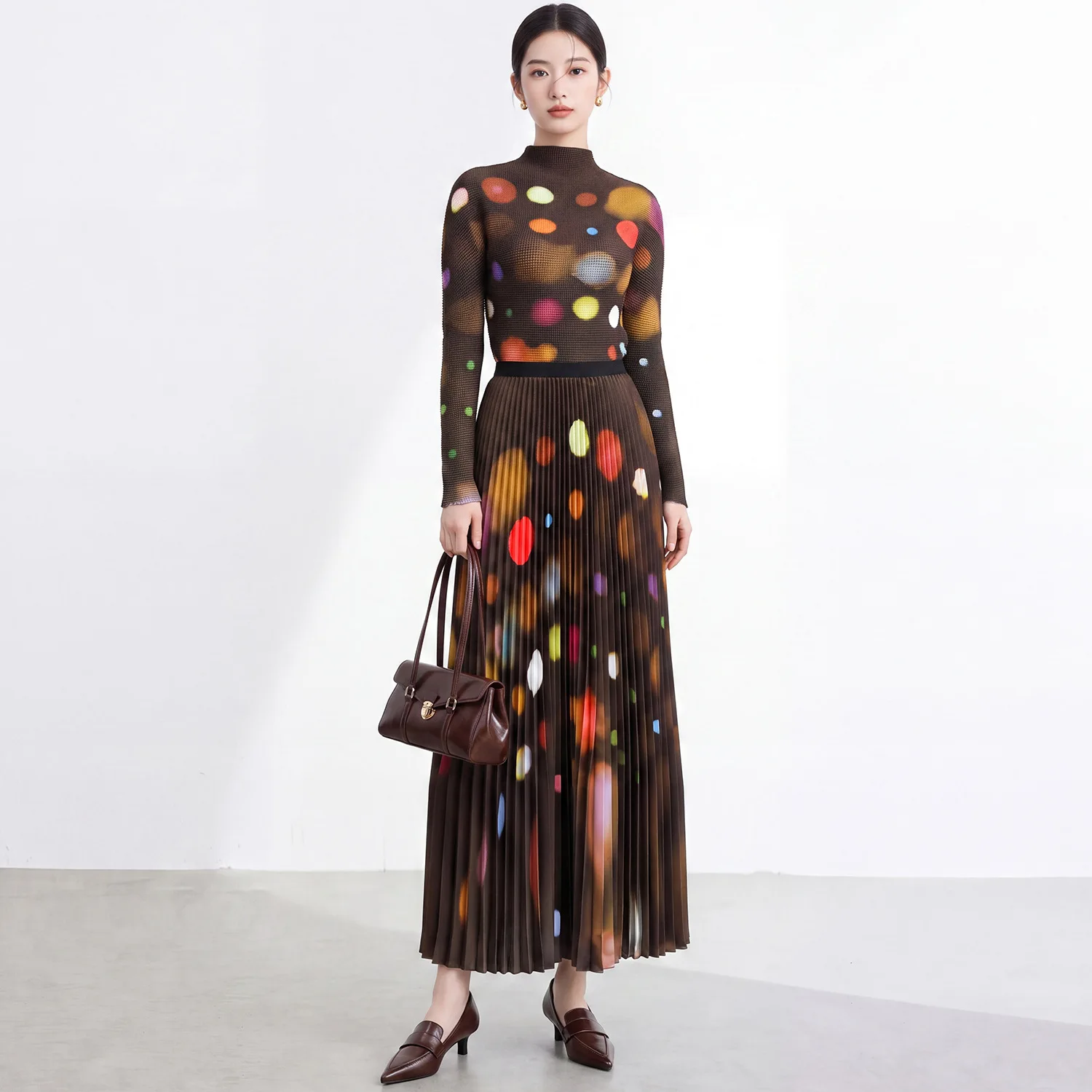 Miyake Retro Color Dot Print Suit Women's Pleated T-Shirt Long Sleeve Line Skirt Elegant Clothing 2026 Summer New Style
