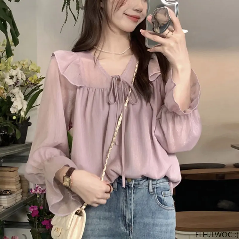 2023 Chic Korea Japan Style Semitransparent Bling Tops Women Cute Girls Purple Ruffles Shirts Hot Sales Chic Korea Clothes