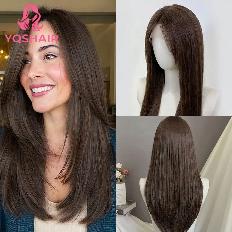 

13x4 HD Lace Front Wig Straight Human Hair 4# Brown Color Pre Plucked Hairline 200 Density Natural Hair Wig For Women