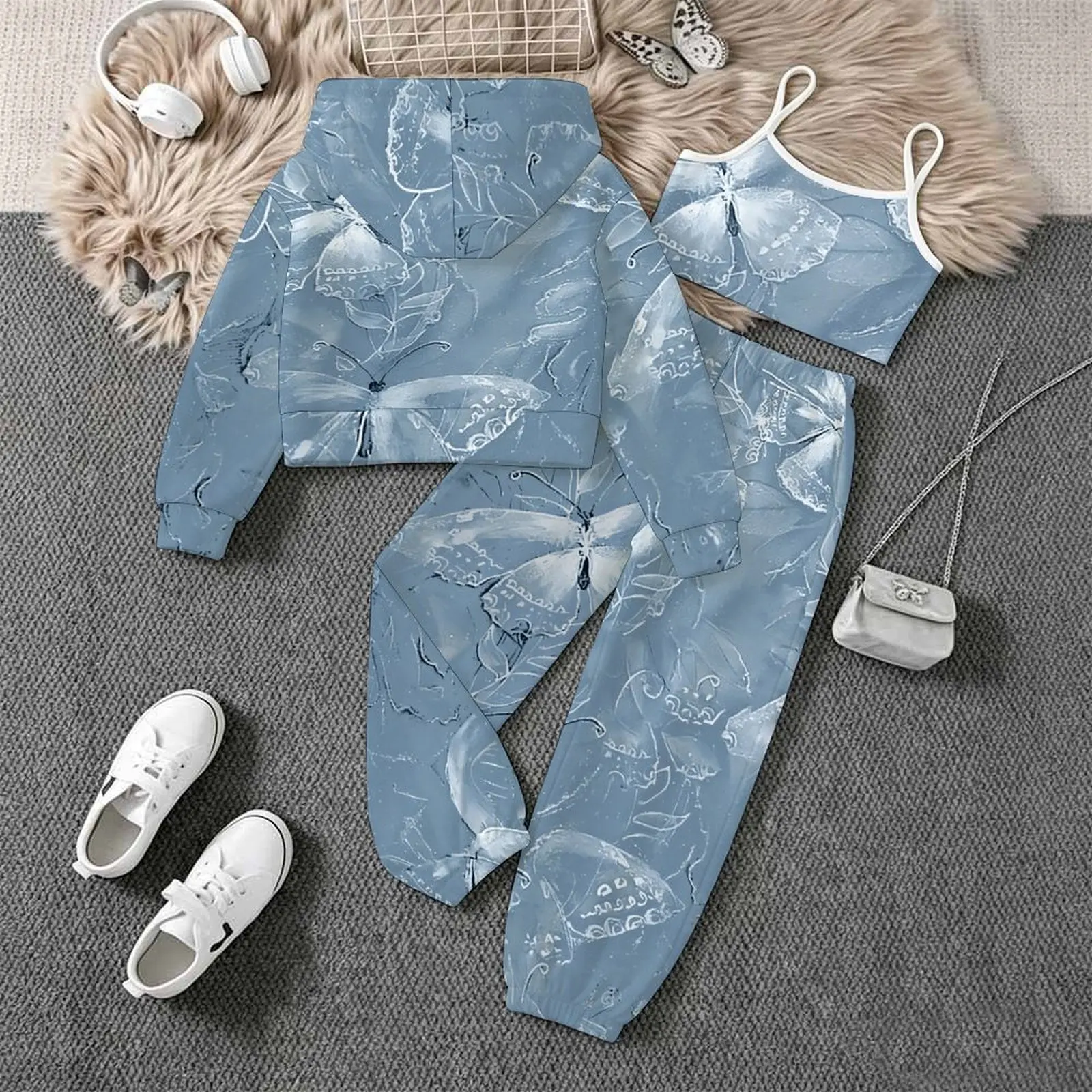 Children's Printed Three-Piece Set Autumn Girls Yoga Pants Fashion Vest Winter Zipper Hoodie Long Sleeve Coat Jogging Pants