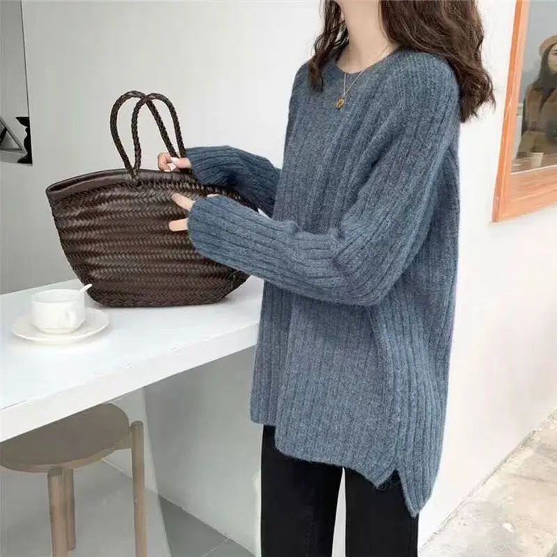 Fashion New Solid Color Knitting Bottoming Shirt Classic Long Sleeve Striped All-match O-collar Loose Autumn Winter Top 2022