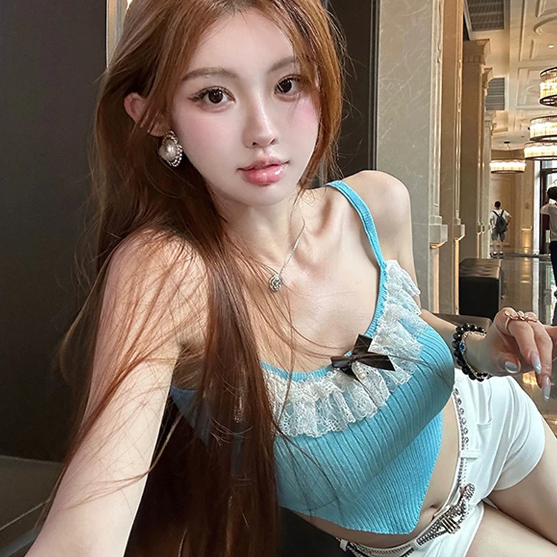 Lace Tank Top Women Sexy Irregular Cropped Crop Tops Female Sleeveless Round Neck Low-Cut Vest Summer Y2k Camisole Streetwear