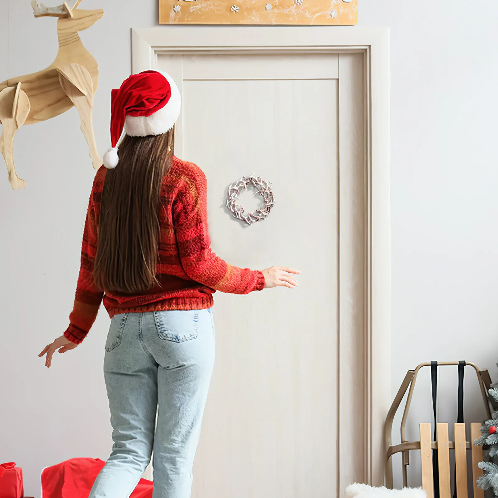 

Xmas Antler Garland Christmas Wreath For Front Door Rustic Farmhouse Wall Hanging Decorative Wreath Holiday Party Supplies