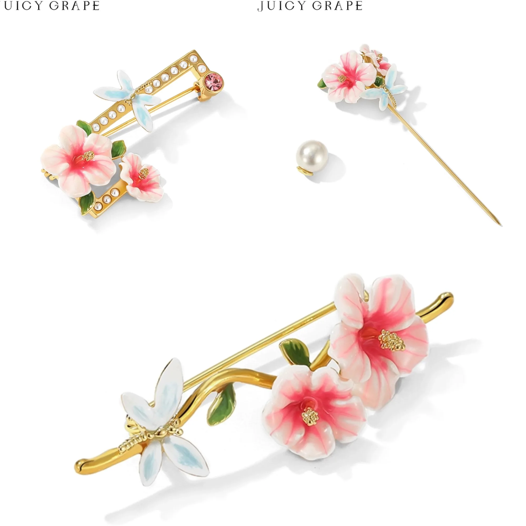 

Hibiscus Enamel Jewelry Brooch Set Gold-Plated Edition Brooch Exquisite Gift Fine Jewelry Enamel Craftsmanship