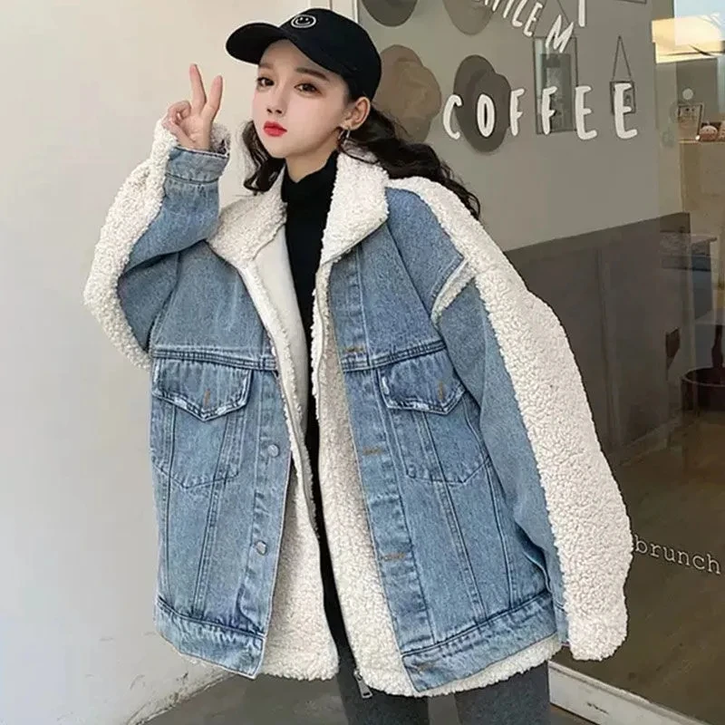 Cowboy Splicing Lamb Wool Jacket Women Outwear 2024 Autumn Winter New Korean Loose Leave Two Pieces Plus Velvet Warm Cotton Coat