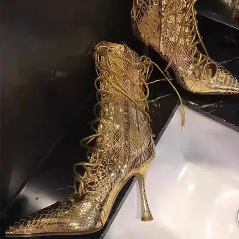 

Gold Crack Lace Up Pointed Toe Summer Mid-calf Boots 2025 Side Zipper High Heels Fashion Women's Boots Gift for Girl