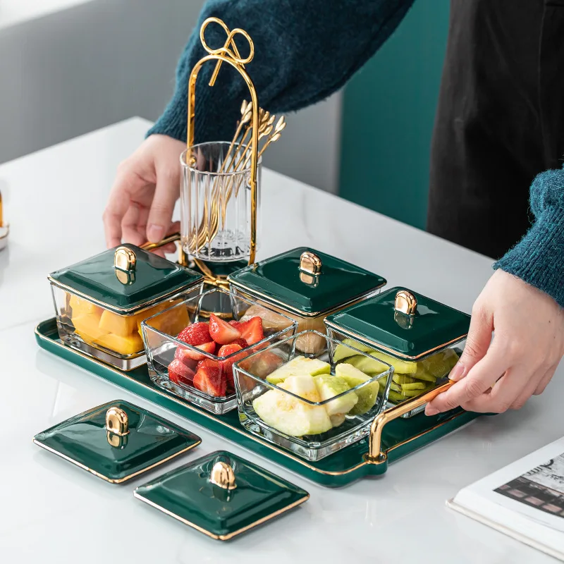 

Light Luxury Nordic Style Seasoning Set Golden Snack Tray Glass Fruit Tray Multi-compartment Serving Platter