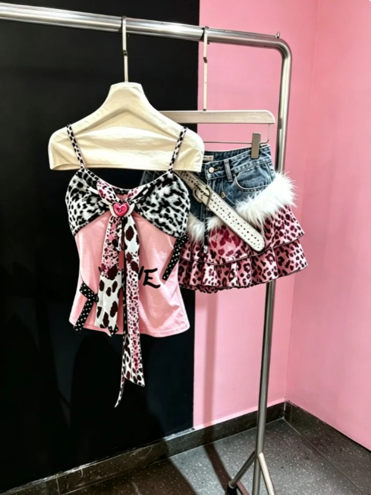 American Vintage Y2k Gothic Punk Animal Print 2Pcs Sets Ladies Subculture Sling Top Skirt Retro Harajuku Casual Daily Outfits