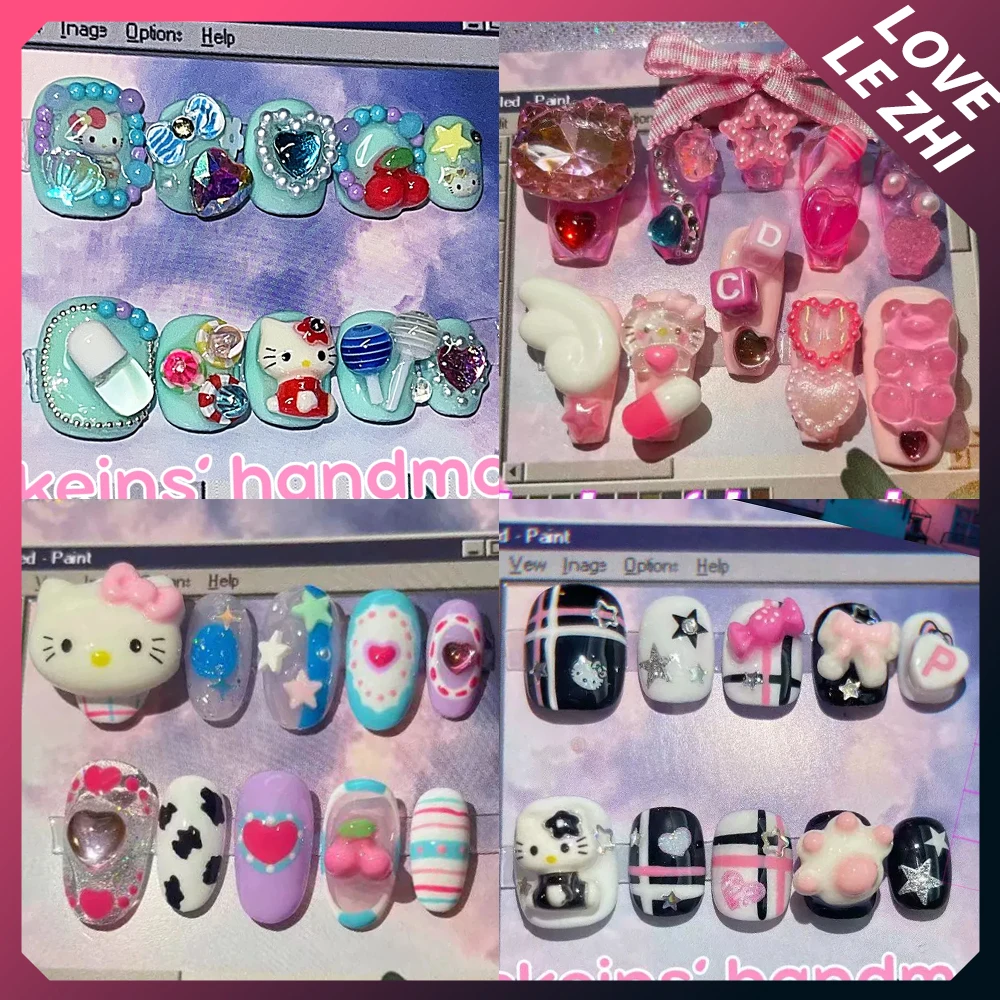 

10Pcs Y2K Sweet Cool Cartoon Hello Kitty Bear Handmade Fake Nails Candy Pearl Love Stars Bow Butterfly Rhinestone Press On Nails