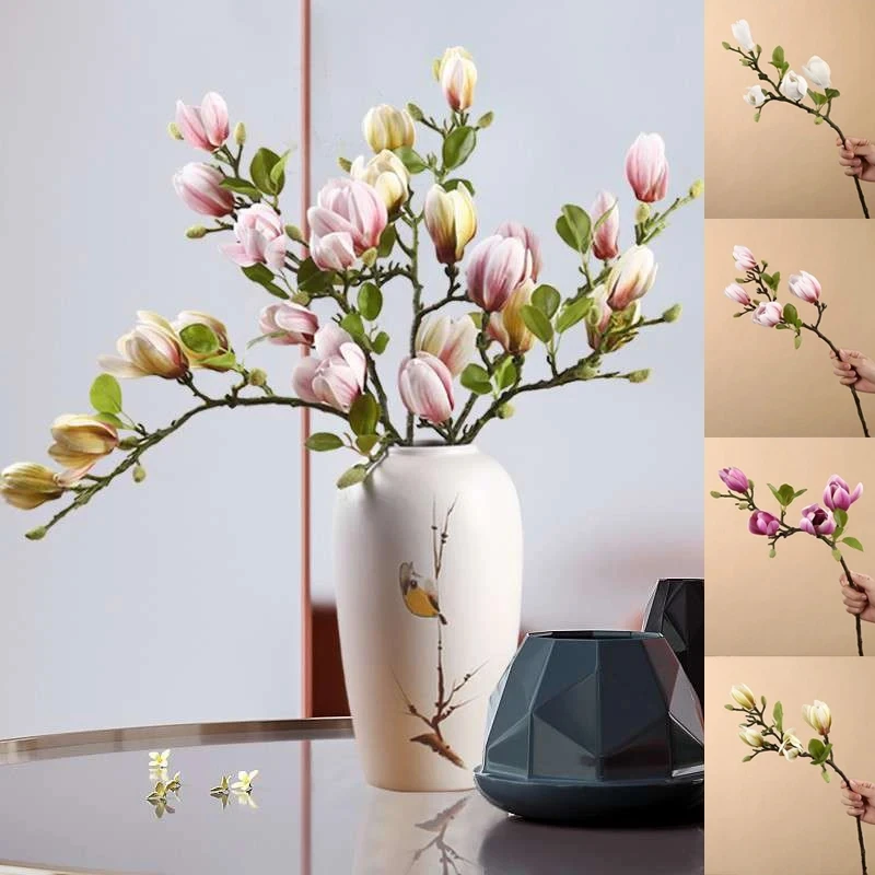 Tenvity Artificial Flower Magnolia Branch For Home Living Room Vase Decor Silk Fake Plant Wedding Party Christmas Flower Bouquet