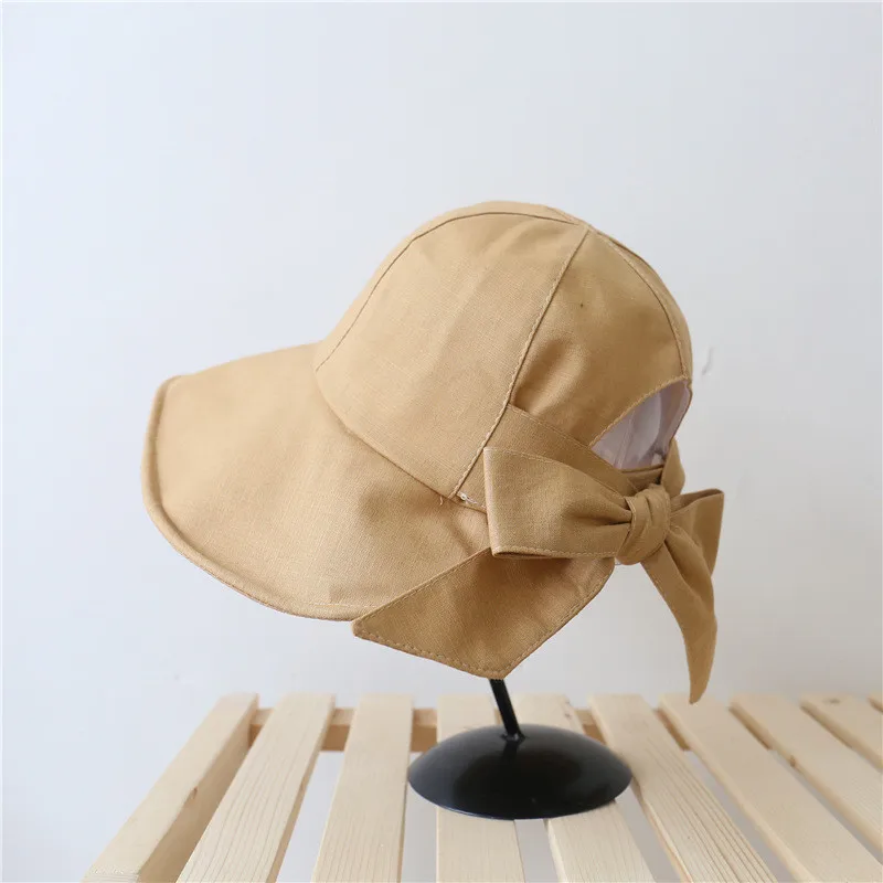 Women Cotton Linen Bucket Hat Summer Sunscreen Cap Female Beach Outdoor Bowknot Foldable Breathable Sun Hats Chapeau Homme