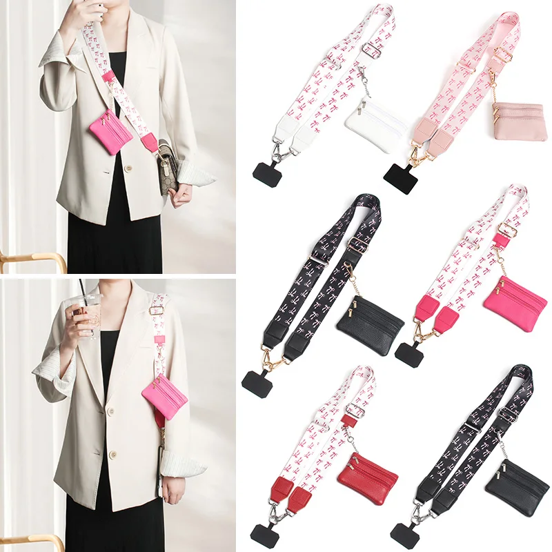 

Bowknot Adjustable Phone Strap with Zippered Pouch Fashion Mobile Phone Lanyard Crossbody with Wallet Anti-lost Lanyard