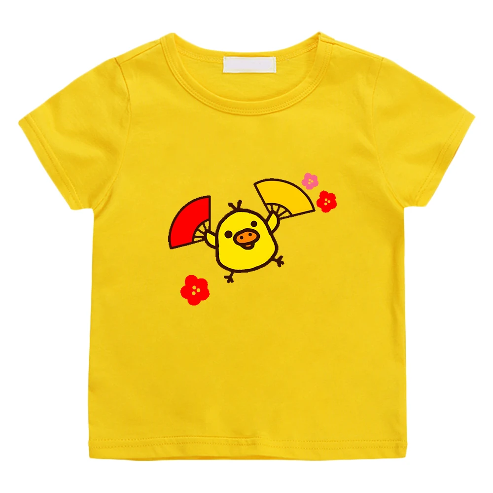 Cute Kiiroitori Yellow Chick with Flowers T-shirts Kawaii Cartoon Graphic Printing Tee-shirt for Children Boys/Girls Tees Cotton