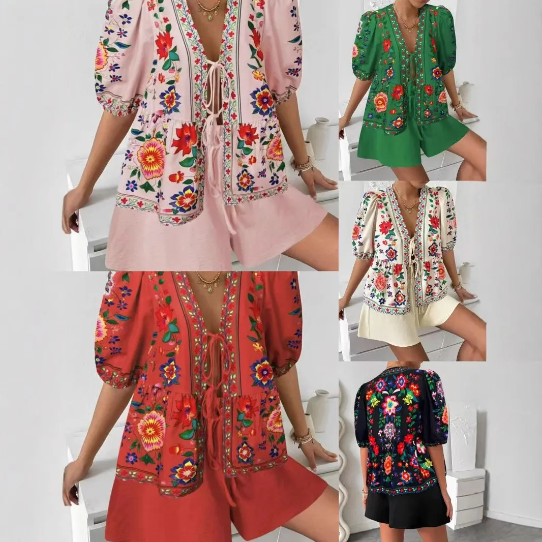 

Women's 2-piece Set Shorts Floral Print Tie Waist Short Pants V Neck Top Two Piece Capris Boho Style Pastel Pink Crop Pants