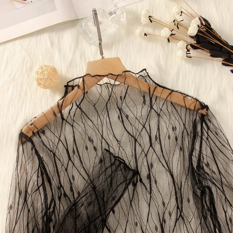 plus Size Lace Base Shirt Women's Autumn Winter Hollow out Long Sleeve High Collar Mesh Inner Wear Fashionable Liner Top