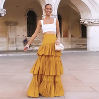 Yellow  Tiered Long  Skirt  Satin A Line Lady Saias Girls Wedding Guest Party Gowns High Waist Floor Length Women Formal Wear
