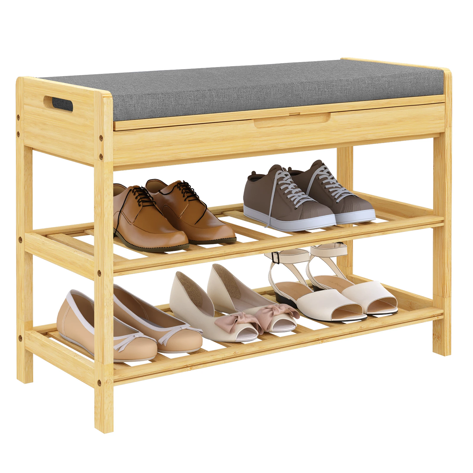 2-Tier Shoe Rack Bamboo Shoe Cabinet with Bench Flip Padded Seat Organizer for Hallway Bedroom Living Room Balcon Entrance