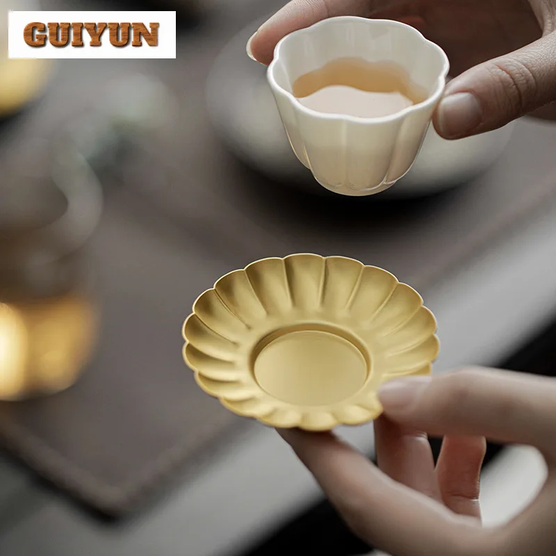 5pc/lot Handmade Brass Petal Coaster Japanese for Coffee Cup Household Heat Insulation Placemats Tieguanyin Teaset Wood Gift Box