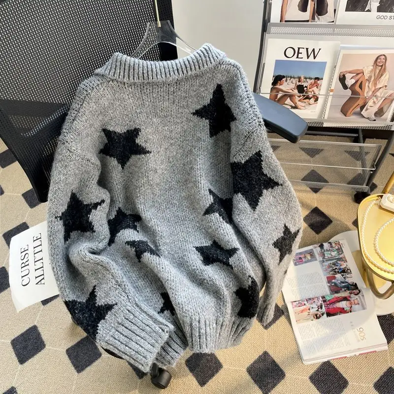 American retro star half-zip stand-up collar sweater, lazy style, loose outer wear, autumn and winter mid-length knitted top