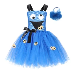 Disguise Cookie Tutu Dress for Girls Halloween Costume Photoshoot Royal Blue Kids Party Dresses Child Cartoon Clothing