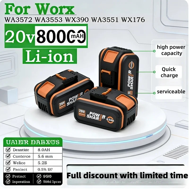 

NEW Original 8Ah 4Ah For WORX 20V Power Tool Battery WA3014 WA3551 WG630 WG629 WX372 WX390 WX394 WX550 WX523 WX802 WX858