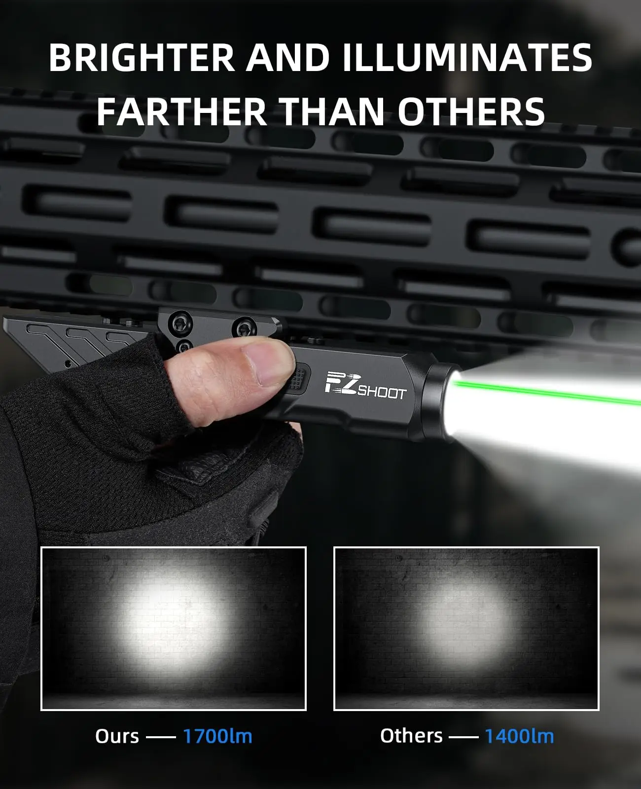 EZshoot 1700 Lumens Tactical Flashlight Green Laser Light Combo for Rifle Rechargeable Compatible with Picatinny Rail and M-Rail