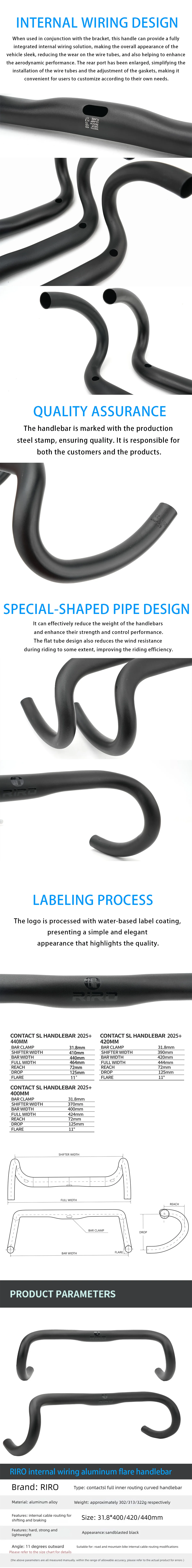 RIRO Interner Kabel-Rennradlenker, 400/420/440 mm, alle interne Verkabelung, Gravel-Fahrradlenker, ultraleichte Drop-Bar – Detail 6