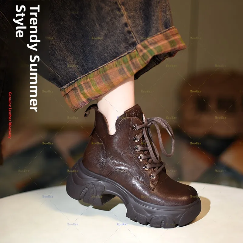 Handmade Women's Short  Boots round Toe Thick Bottom Leather Laced up Fashionable Korean Style Leather Inner And Outer