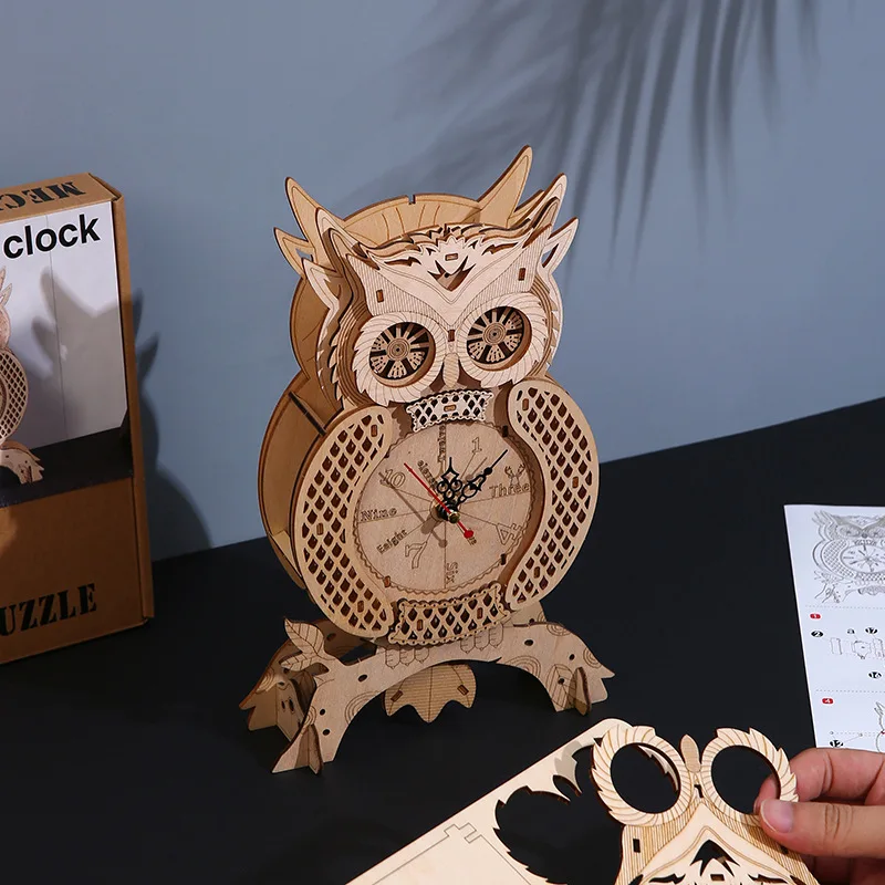 DIY 3D Wooden Owl Clock Miniature Model Kits Assembled Jigsaw Puzzles for Children Birthday Educational Gifts Home Decoration