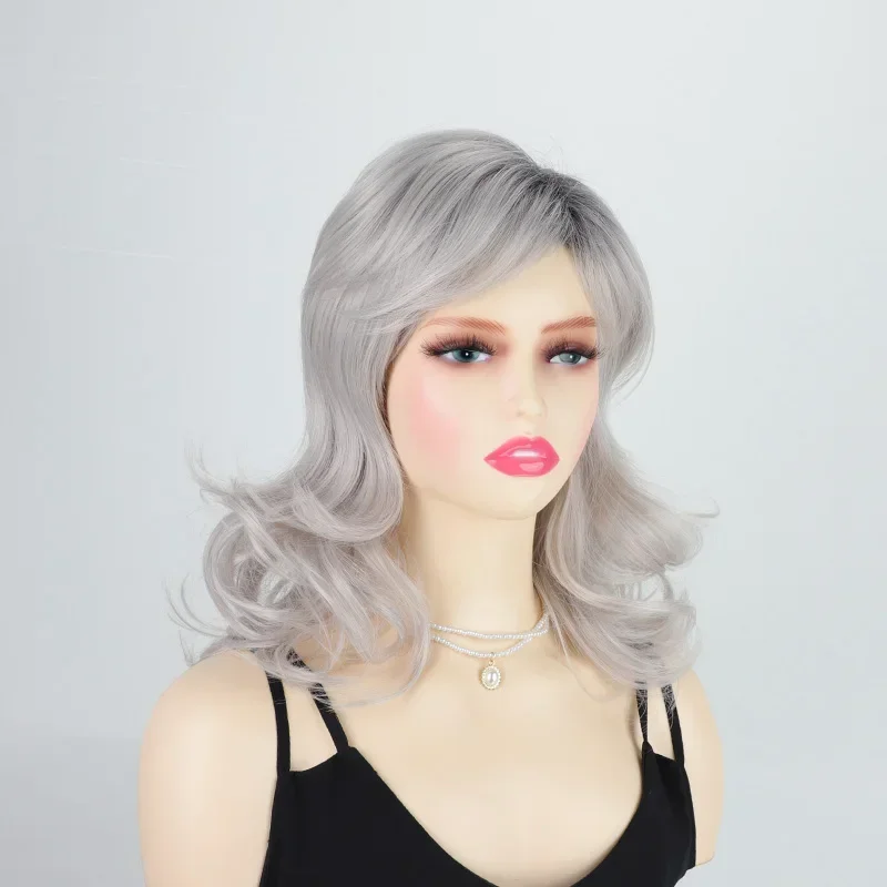 Womens Fashion Long Gray Curly Hair Soft Cute Synthetic Loose Wave Wigs Cosplay Party Wigs for Lady Mommy Hair