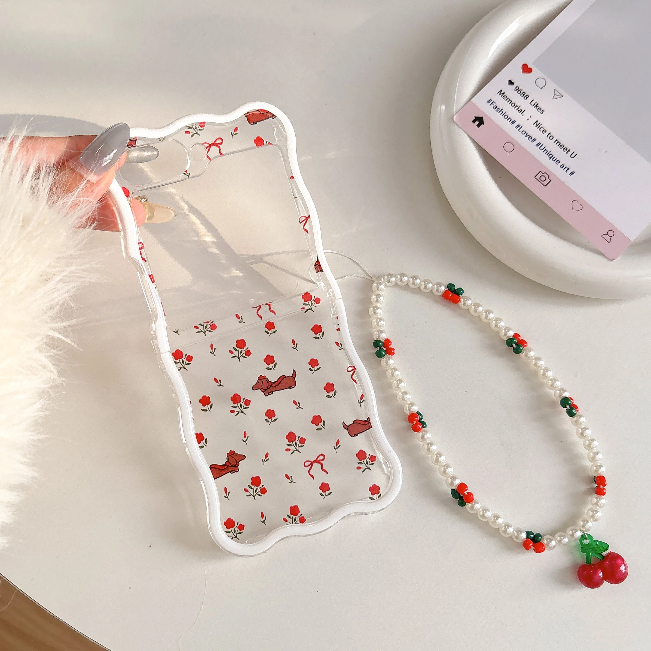 

Back Cover For Samsung Galaxy Z Flip 6 5 4 3 Case Red Flower Puppy Dog with Bracelet Chain Shockproof Phone Case