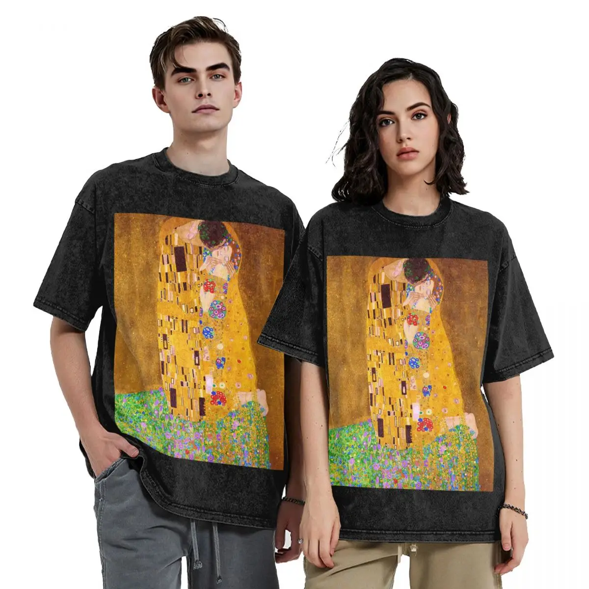 Gustav Klimt The Kiss Abstract Freyas Art Washed T Shirts Casual Short Sleeve Hip Hop T-Shirt Streetwear Tops Tees for Men Women
