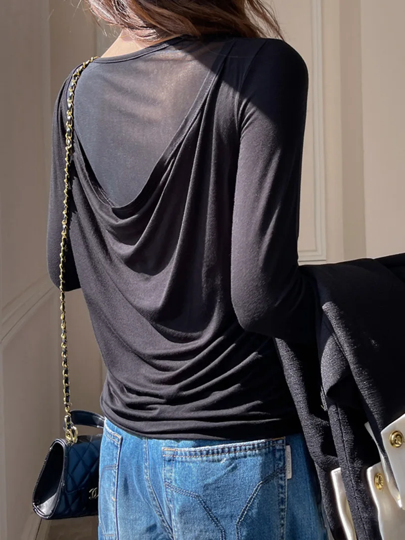 

Women's T-Shirts Full Sleeve Sexy Mesh Back Original Design Slim Fit Basic Top for Fall and Winter Layering Female Outwear C6018