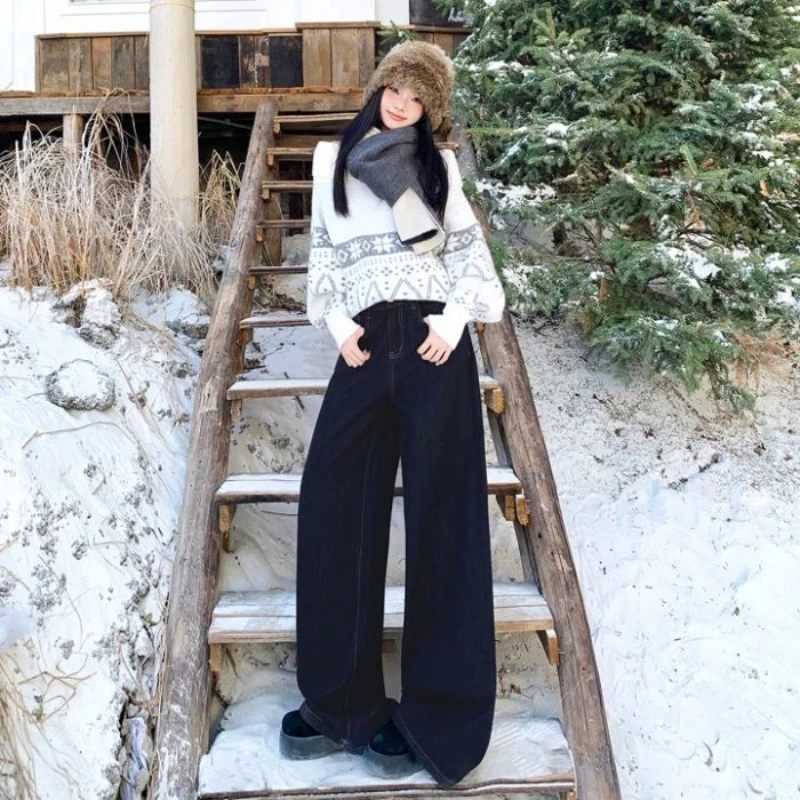 Damskie spodnie Y2K z wysokim stanem, szerokimi nogawkami, ocieplane polarem, wygodne, codzienne spodnie typu drag dla jesienno-zimowej odzieży ulicznej.