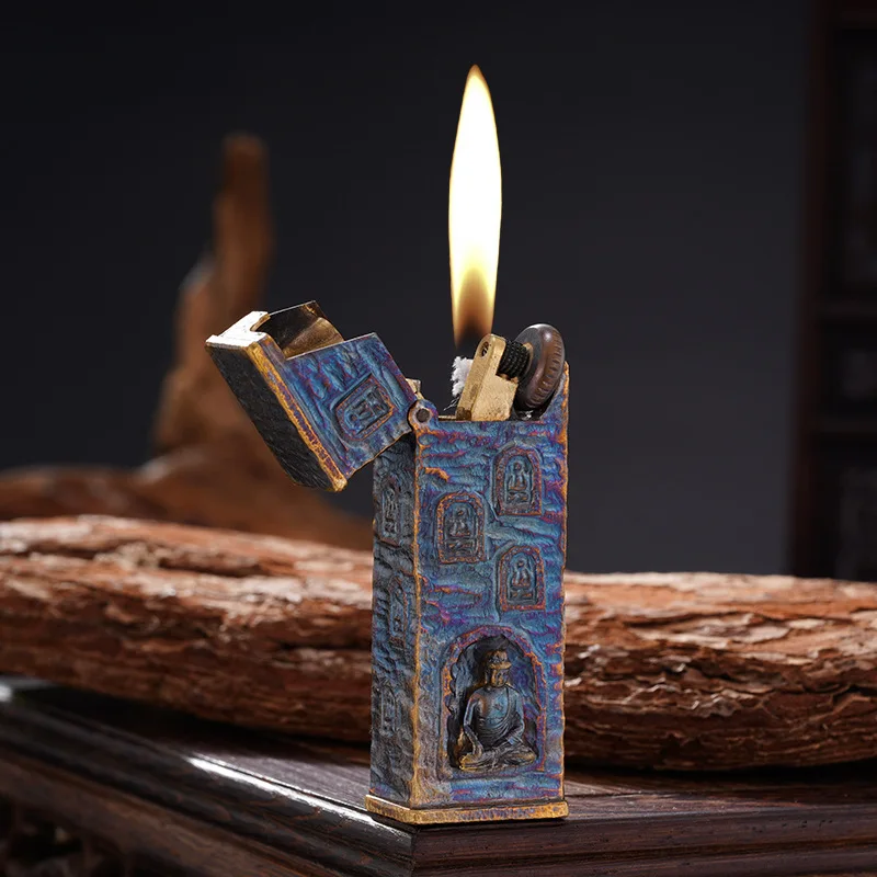 Handcrafted Carved Longmen Grottoes Oil Lighter with Original Copper, Long Stripe Wide Edition Portable Grinding Wheel Lighter