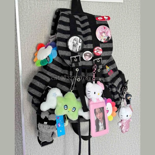 Imagen 2 del producto Mochila universitaria coreana a rayas Y2k, bolsos informales con cordón para estudiantes, bolsos de mano versátiles de gran capacidad, bolsos Kpop para niñas y mujeres
