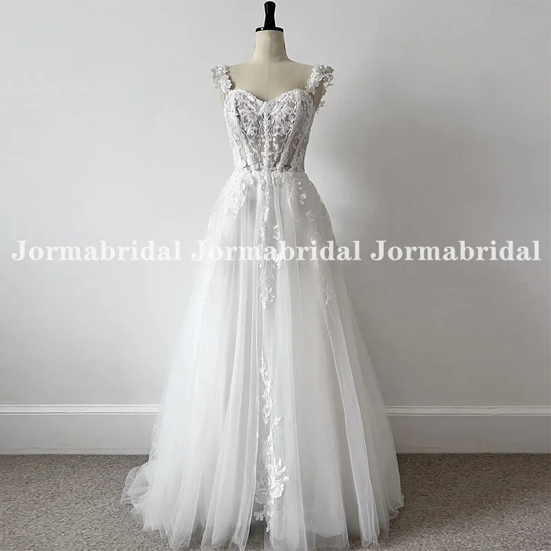 Princess A-Line Country Wedding Dresses Sheer Bodice with Exposed Boning Lace Appliques White Tulle Bridal Gown Made to Measure