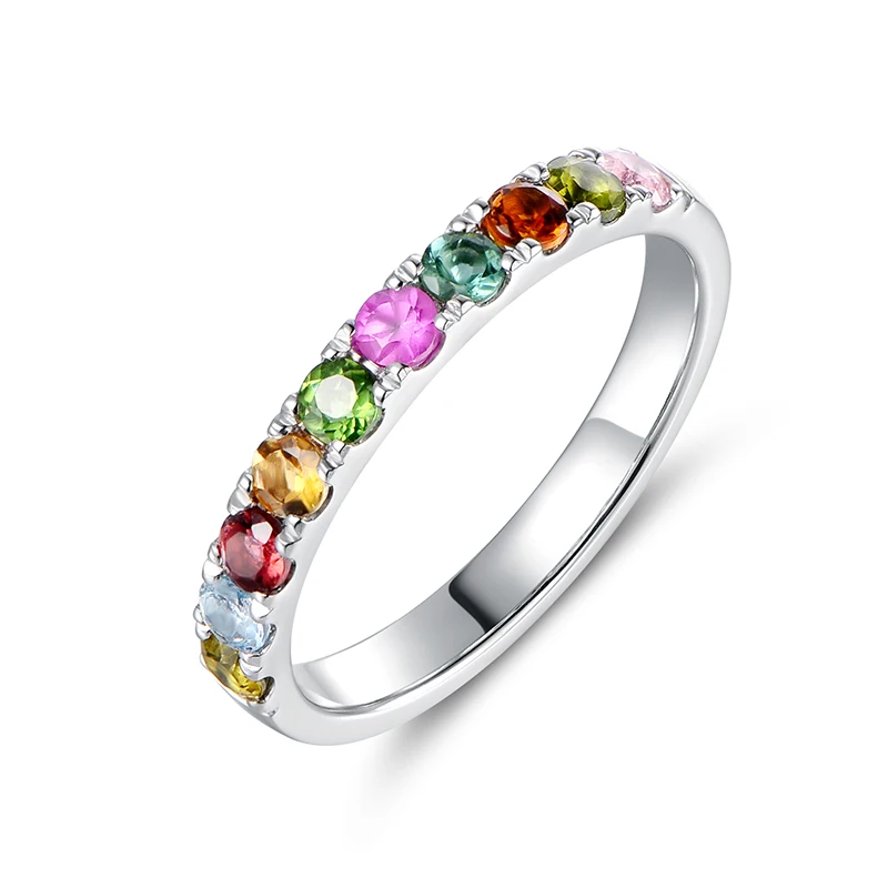 

925 Sterling Silver Rainbow Row Ring For Women Inlaid Round Colored Gemstone Stackable Bands High Quality Jewelry Party Gifts