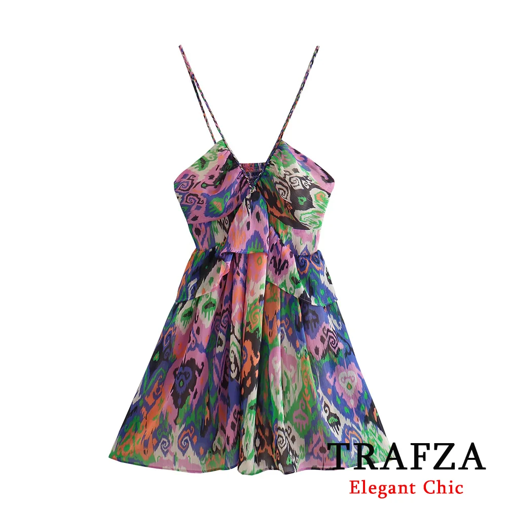 

TRAFZA Women Sexy Vintage Cami Dress Print V-Neck Backless Sleeveless Dress New 2025 Spring Summer Fashion Beach Holiday Dress