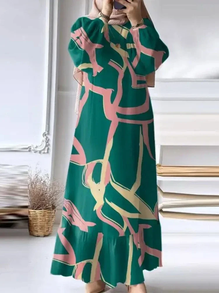 Eid Muslim Dress for Women Vintage Ruffle Hem Abaya Morocco Party Dresses Ramadan Lace-up Kaftan Islam Dubai Arab Long Robe 2024