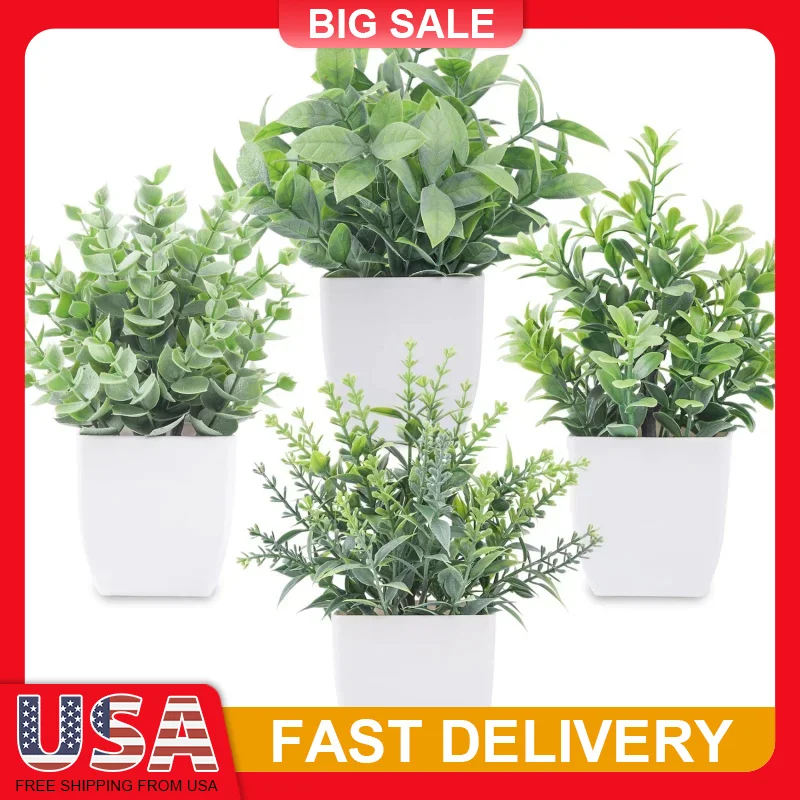 

4 Pack Mini Artificial Potted Plants, Fake Greenery for Home Office Decor, Farmhouse Table Centerpiece, Sage Green Indoor Plants