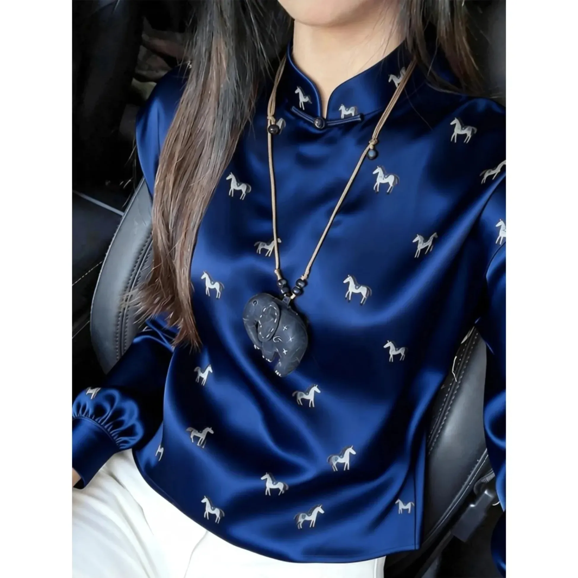Elegant Blue  Print Shirt Women's Unique Beautiful Improved Tang Costume Stand Collar Button Hanfu Top Chinese Style