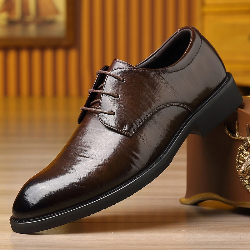 Men Invisible Height Increasing Lace‑Up Hand‑Grain Leather Shoes Retro Gentleman Business Formal Dress Shoes Versatile Casual Of