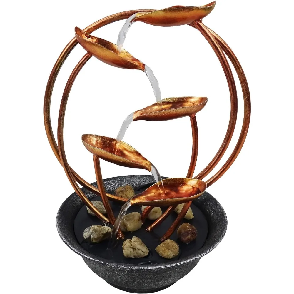 Alpine Corporation ZEN920 Indoor Tabletop Multi-Tiered Metal Leaf Water Fountain with Stone-Filled Base, 13