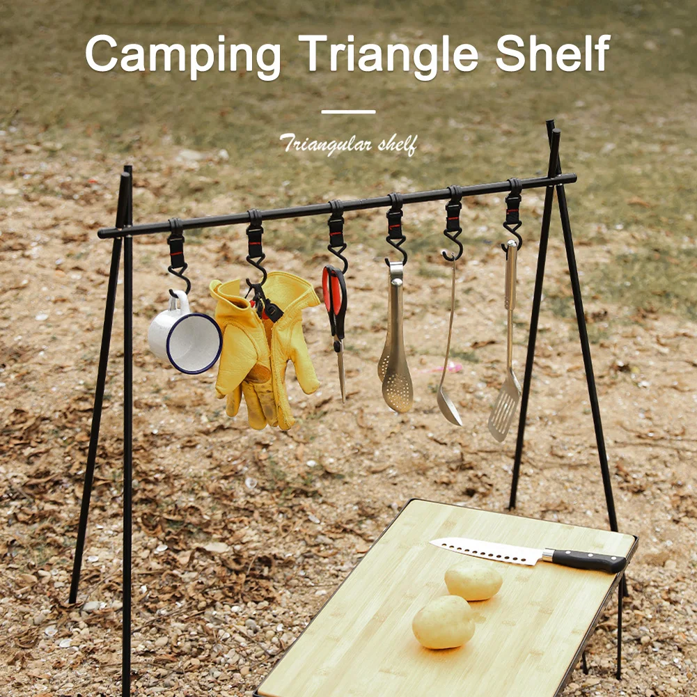 Aluminum Alloy Triangle Rack with Hooks Foldable Portable Cookware Pot Pan Rack Multifunctional for Picnic Barbecue Outdoor Tool