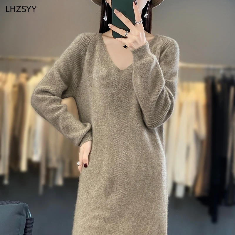 LHZSYY 2023 Autumn Winter New 100%Pure Wool Knit Long Skirt Women\' V-Neck Loose Dress Casual Warm Jumper Cashmere Base Shirt Top